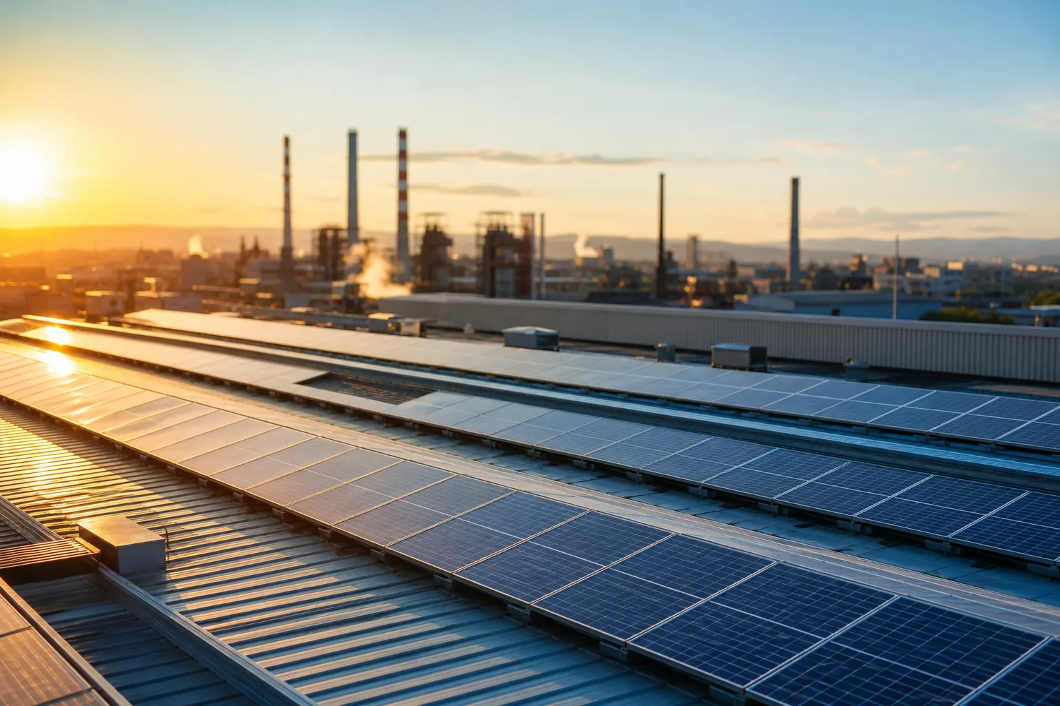 Gün batımında bir fabrika çatısında sıra sıra güneş panelleri, arka planda bulanık sanayi bacaları