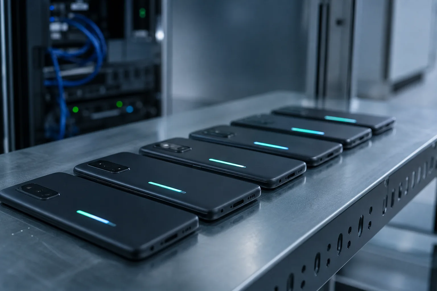 Sunucu odasında metal bir rafta ekranı aşağı dönük duran şirket telefonları ve metal yüzeye yansıyan soluk güncelleme ilerleme çubukları